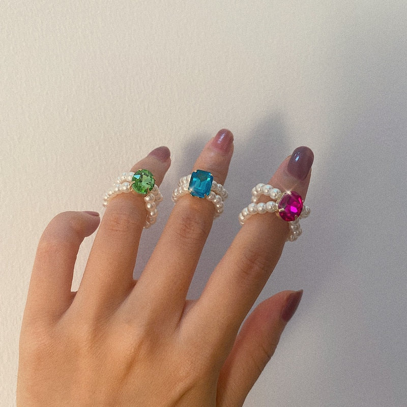 Fashion Handmade Braided Imitation Pearl Colorful Rhinestones Rings