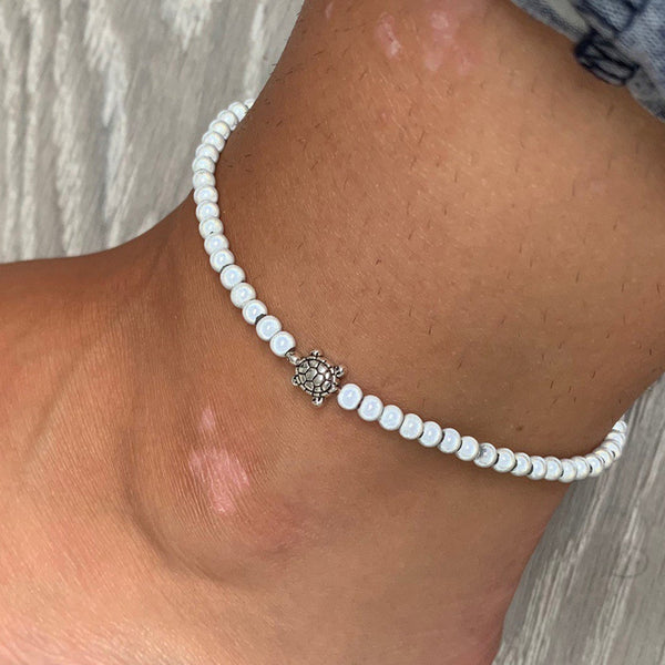 Pulsera tobillera de verano con perlas de imitación de tortuga para mujer