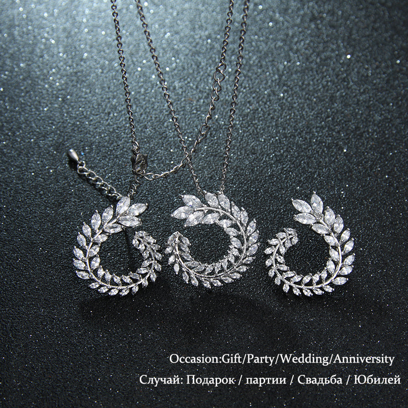 Zircon Olive Branch Earrings and Pendant Jewelry Sets