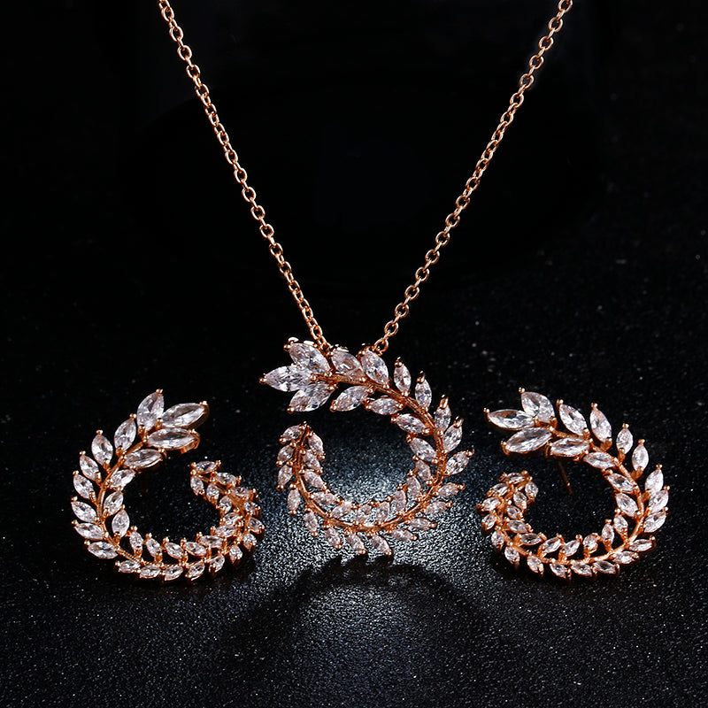 Zircon Olive Branch Earrings and Pendant Jewelry Sets