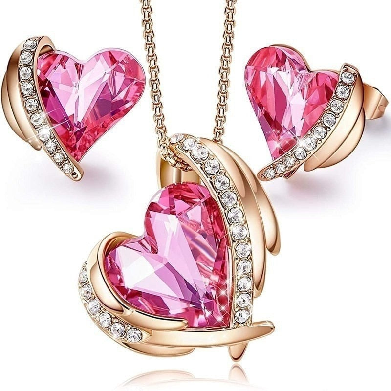 Rose Gold Love Heart Crystals Necklaces and Earrings Set