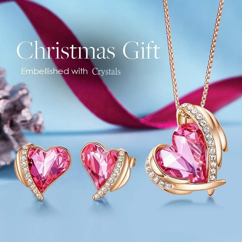 Rose Gold Love Heart Crystals Necklaces and Earrings Set