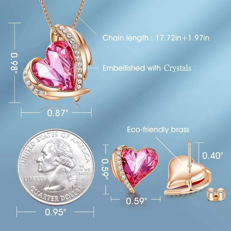 Rose Gold Love Heart Crystals Necklaces and Earrings Set