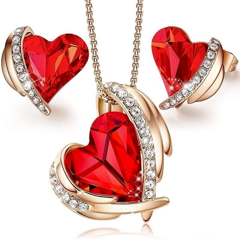 Rose Gold Love Heart Crystals Necklaces and Earrings Set
