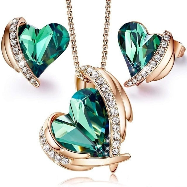 Rose Gold Love Heart Crystals Necklaces and Earrings Set