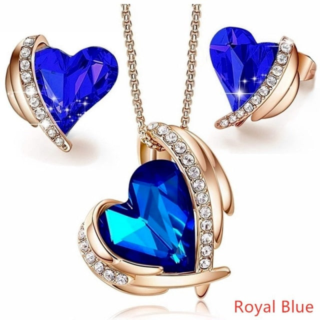 Rose Gold Love Heart Crystals Necklaces and Earrings Set