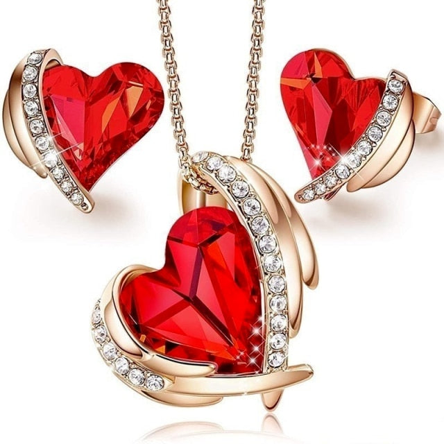 Rose Gold Love Heart Crystals Necklaces and Earrings Set