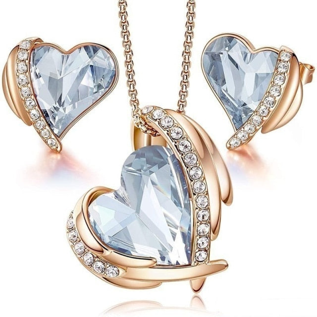 Rose Gold Love Heart Crystals Necklaces and Earrings Set