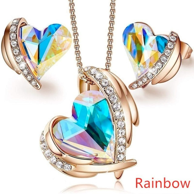 Rose Gold Love Heart Crystals Necklaces and Earrings Set