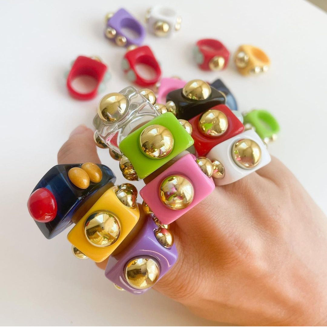 Fashion Multicolor Resin Acrylic Geometric Square Ring Set