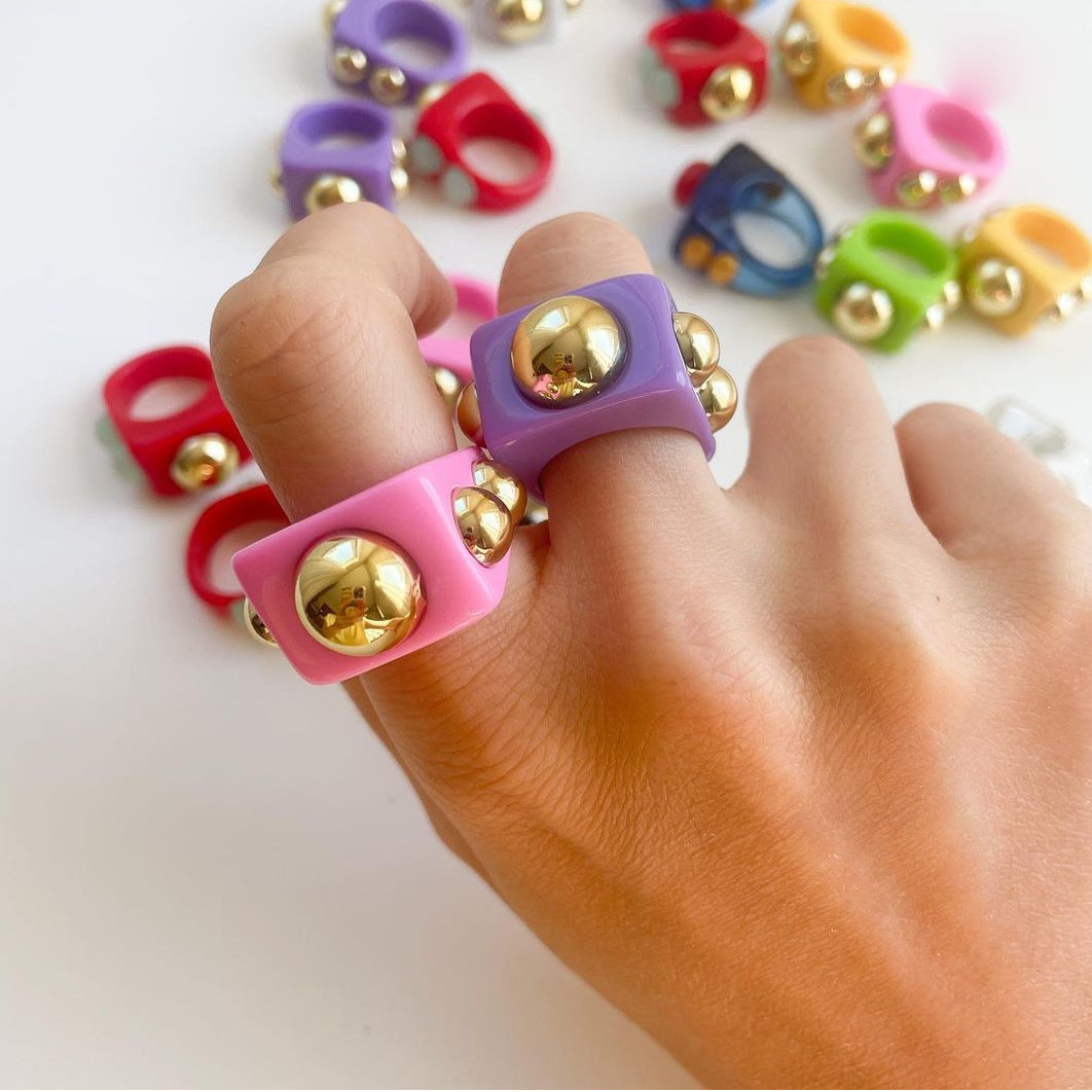 Fashion Multicolor Resin Acrylic Geometric Square Ring Set