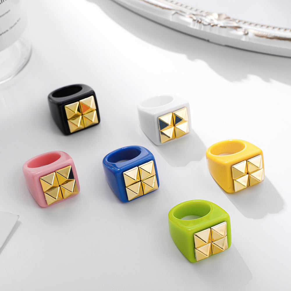Fashion Multicolor Resin Acrylic Geometric Square Ring Set