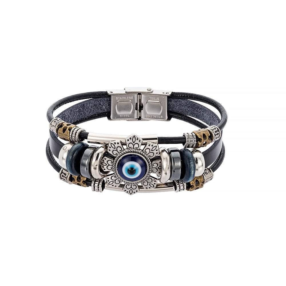 Punk Turkish Evil Eye  Bend Multilayer Leather Bracelet