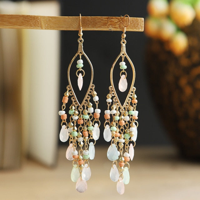 Gold Plated Long Water Drop Tassel Earrings for Women