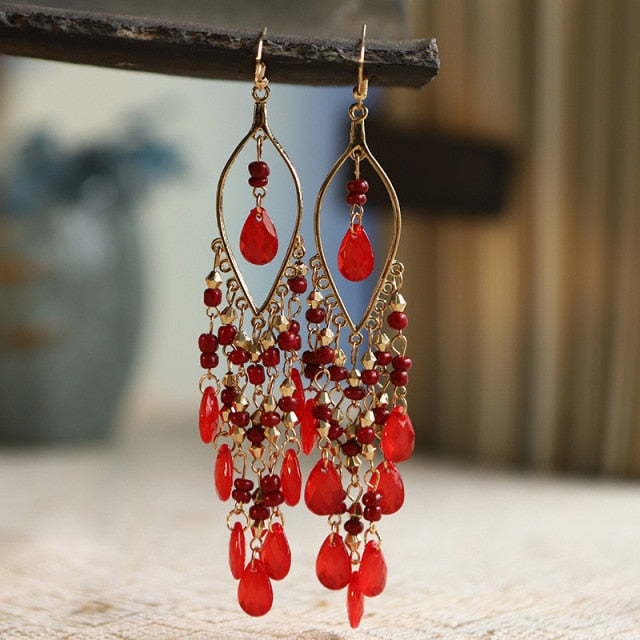 Gold Plated Long Water Drop Tassel Earrings for Women