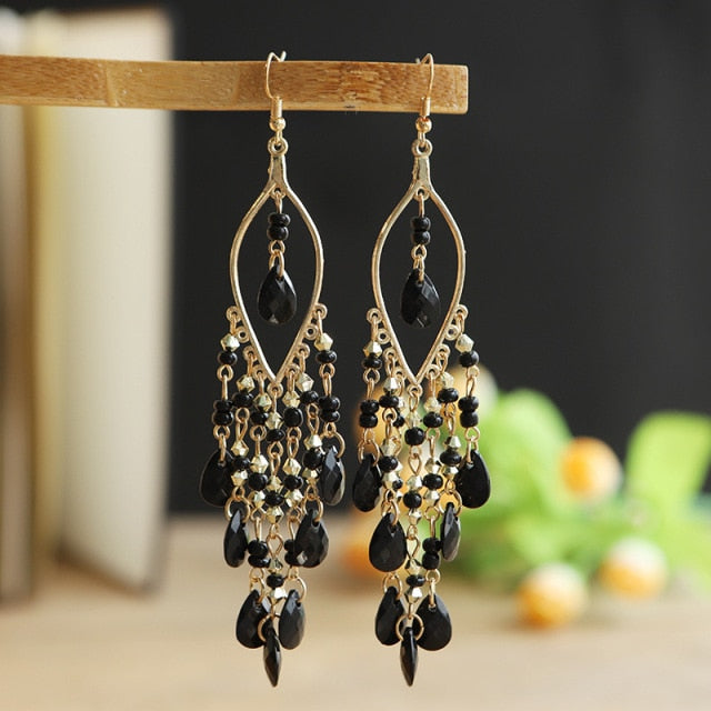 Gold Plated Long Water Drop Tassel Earrings for Women