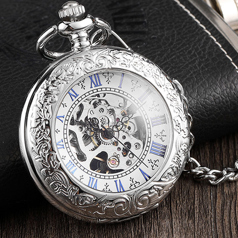 Vintage Hand-wind Engraved Antique Full Silver Stainless Steel Pocket Watch