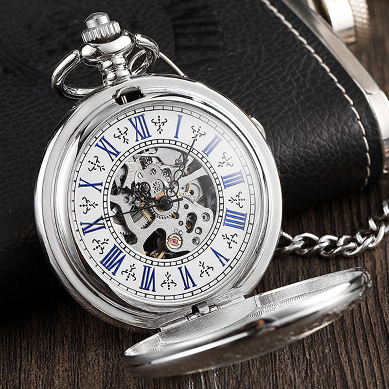 Vintage Hand-wind Engraved Antique Full Silver Stainless Steel Pocket Watch