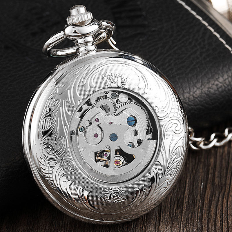 Vintage Hand-wind Engraved Antique Full Silver Stainless Steel Pocket Watch