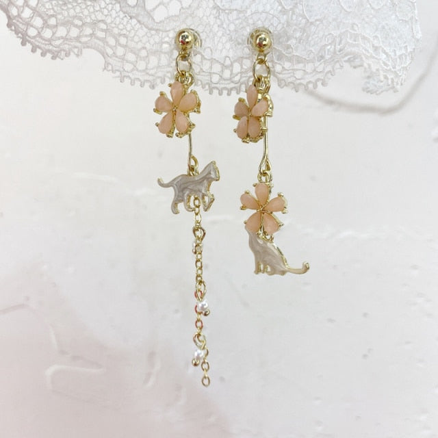 New Elegant Metal Flower Cute Cat Dangle Earrings For Women
