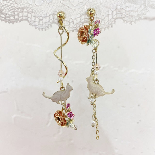 New Elegant Metal Flower Cute Cat Dangle Earrings For Women