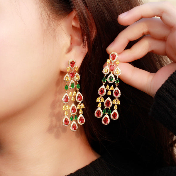 Luxury African Gold Red Yellow CZ Topaz 925 Pin Long Drop Earrings