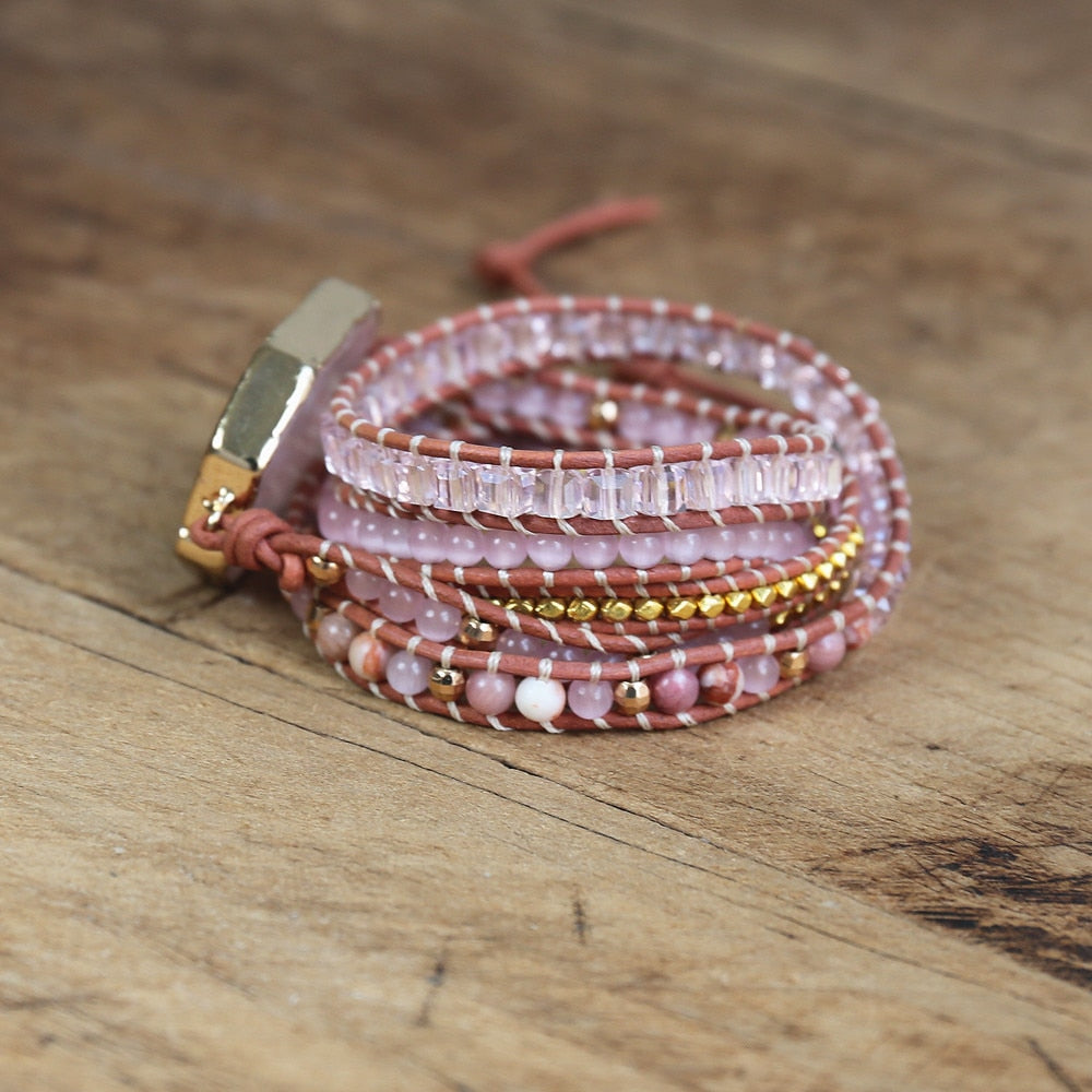5 Strand Pink Quartz Leather Wrap Bracelets