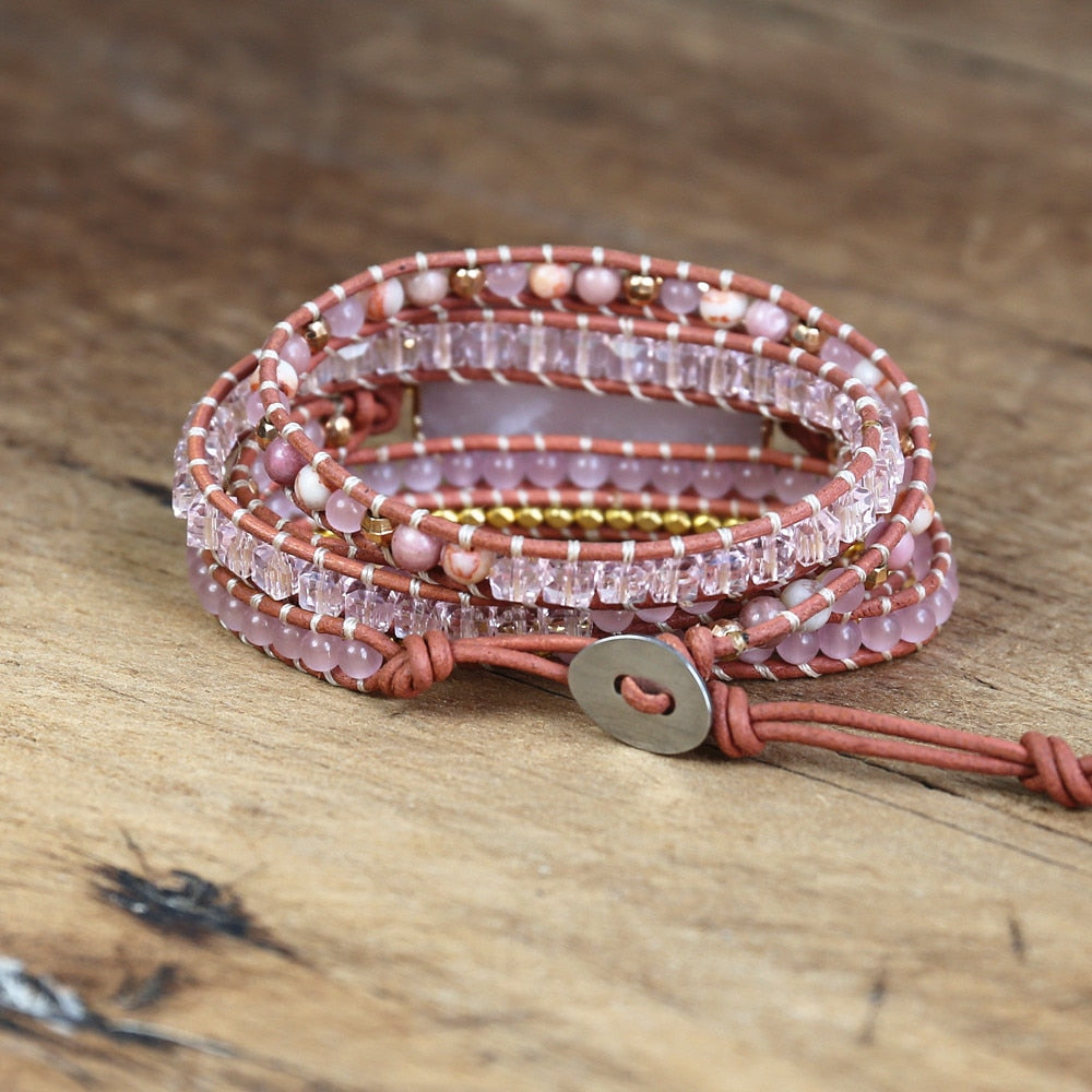5 Strand Pink Quartz Leather Wrap Bracelets