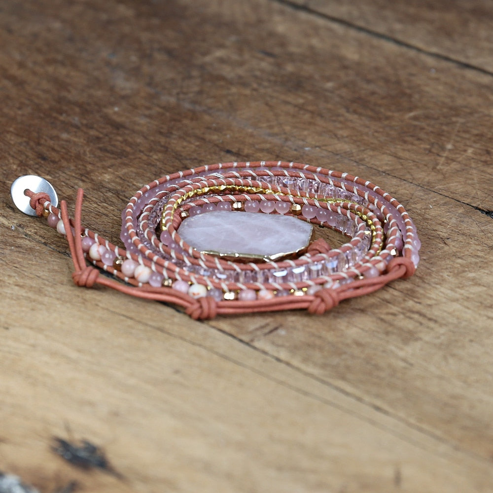 5 Strand Pink Quartz Leather Wrap Bracelets