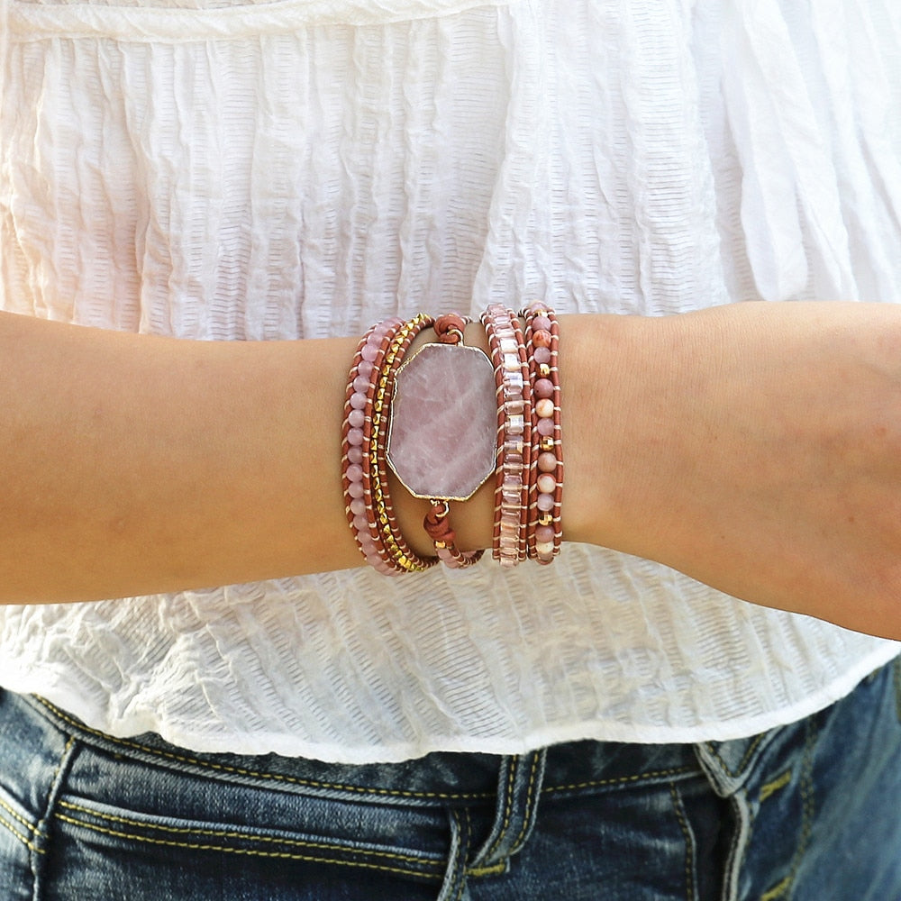 5 Strand Pink Quartz Leather Wrap Bracelets