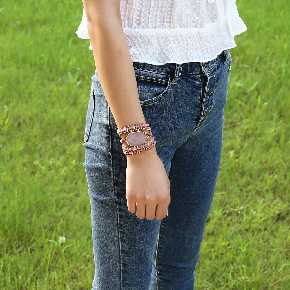 5 Strand Pink Quartz Leather Wrap Bracelets