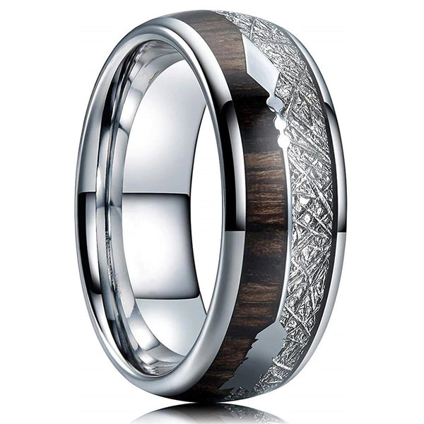 Anillo de acero inoxidable para hombre con incrustaciones de madera y flecha de meteorito para fiesta.