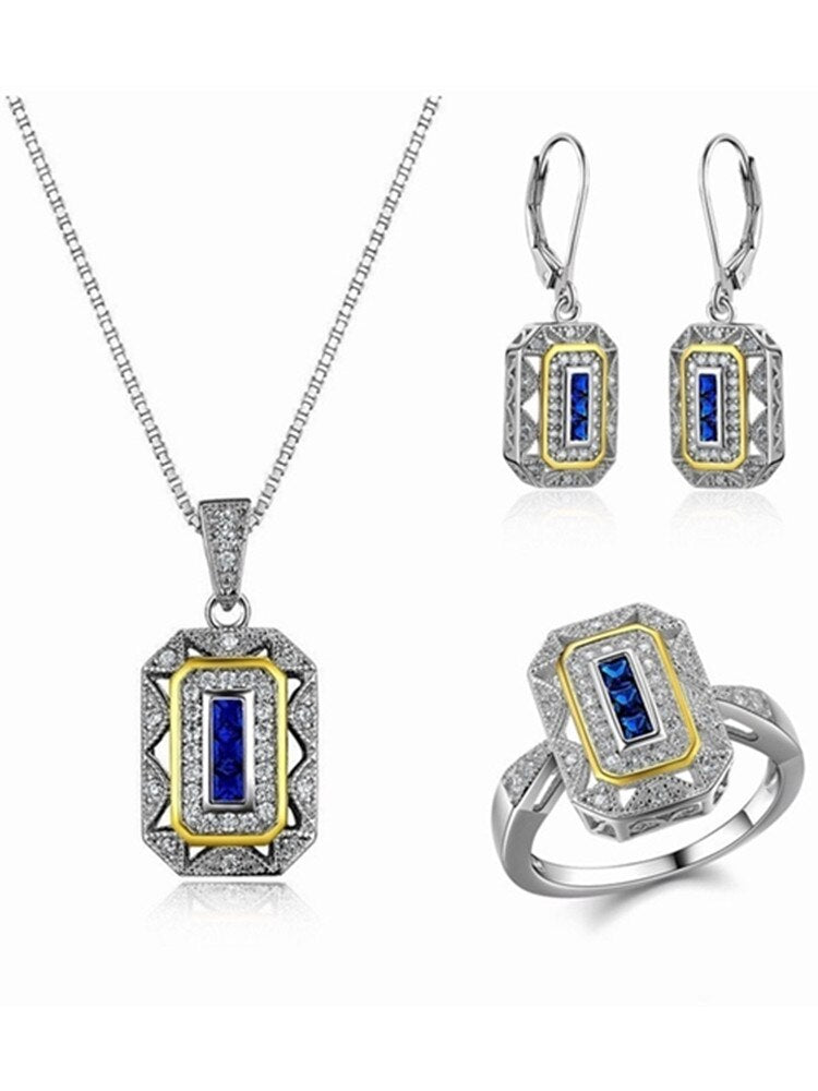 Art Style  Square  Stone Necklace Earrings Ring Jewelry Set