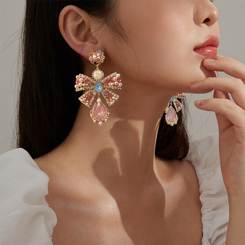 Korean Luxury Pink Rhinestone Bowknot Drop Earrings