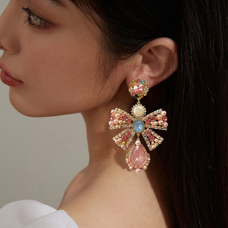 Korean Luxury Pink Rhinestone Bowknot Drop Earrings