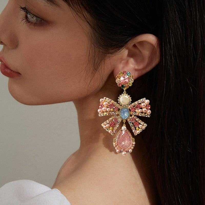 Korean Luxury Pink Rhinestone Bowknot Drop Earrings