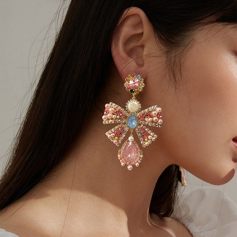 Korean Luxury Pink Rhinestone Bowknot Drop Earrings