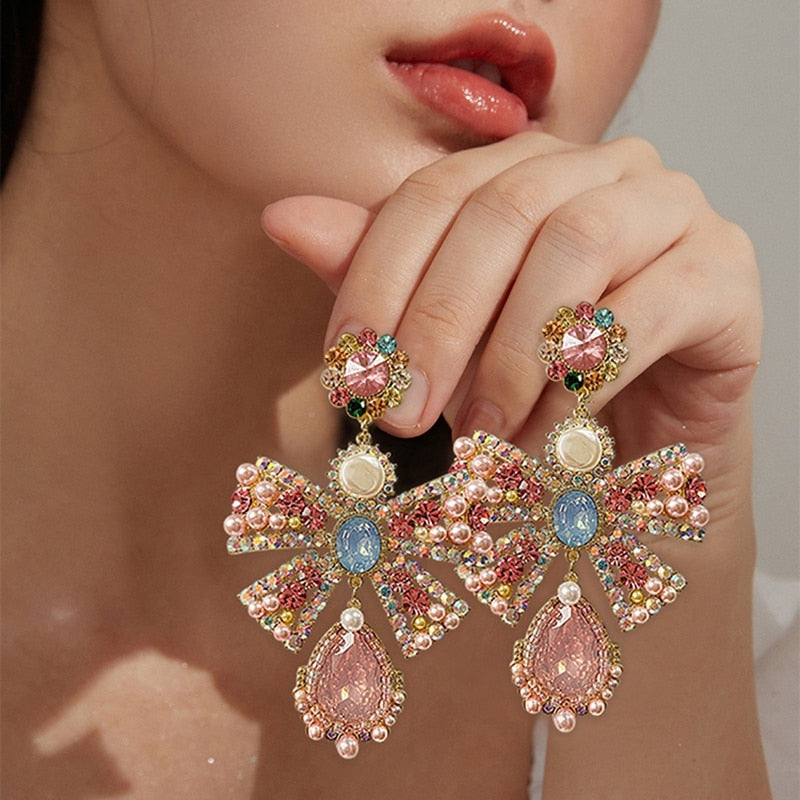 Korean Luxury Pink Rhinestone Bowknot Drop Earrings
