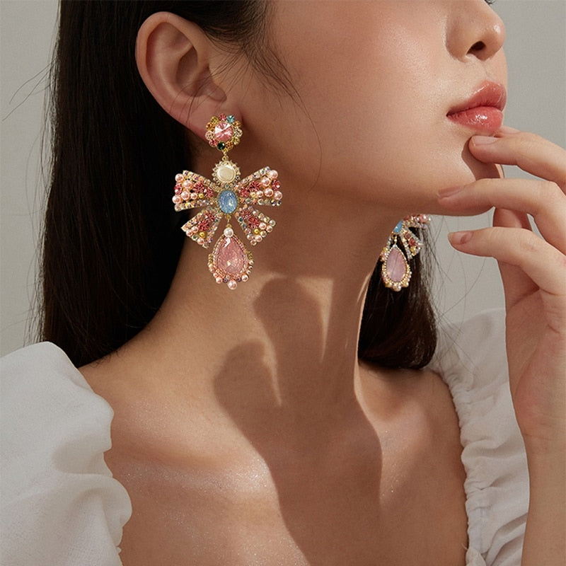 Korean Luxury Pink Rhinestone Bowknot Drop Earrings