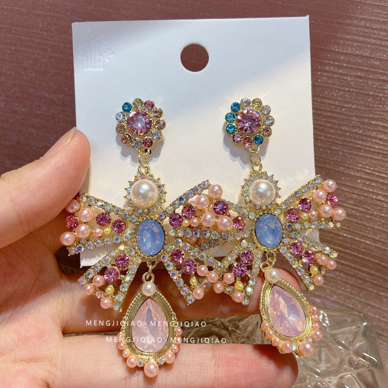 Korean Luxury Pink Rhinestone Bowknot Drop Earrings