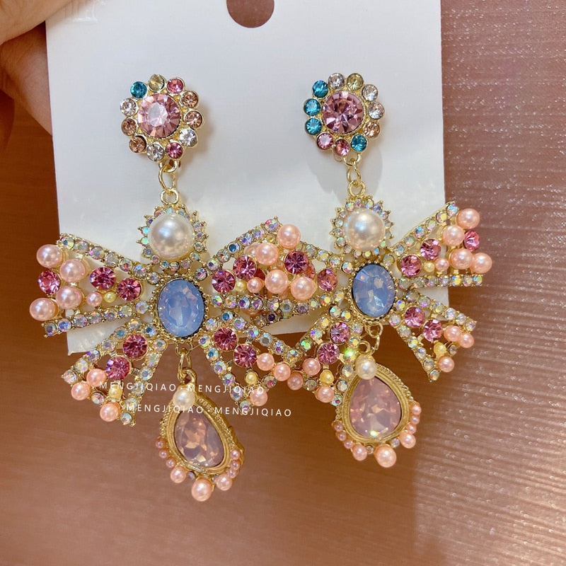 Korean Luxury Pink Rhinestone Bowknot Drop Earrings