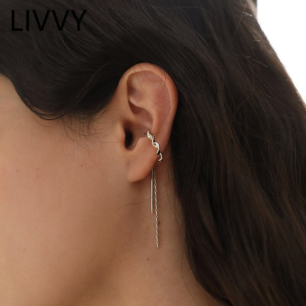 Pendientes de clip con borlas de cadena larga y sencilla de color plateado para mujer