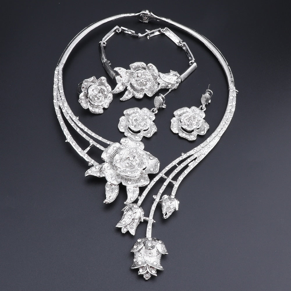 Wedding Flower Shape Necklace Earrings Bracelet Ring Set