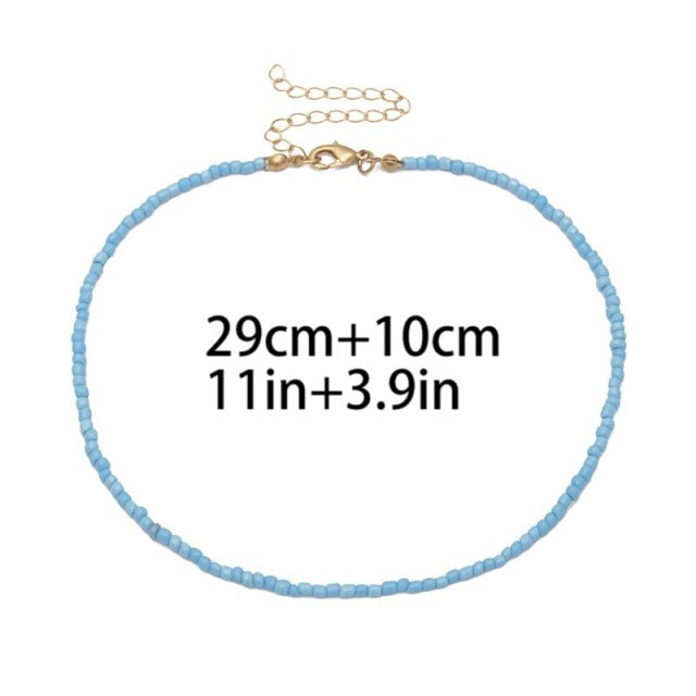 Bohemian White And BlueSeed Bead Flower Choker Necklace