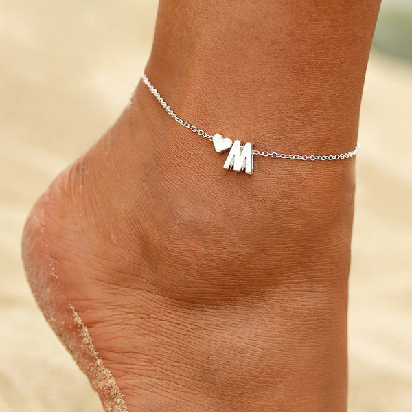 Tobilleras de acero inoxidable con letras y corazón para mujer