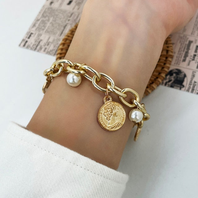 Boho Thick Gold Color Charm Bracelets Bangles