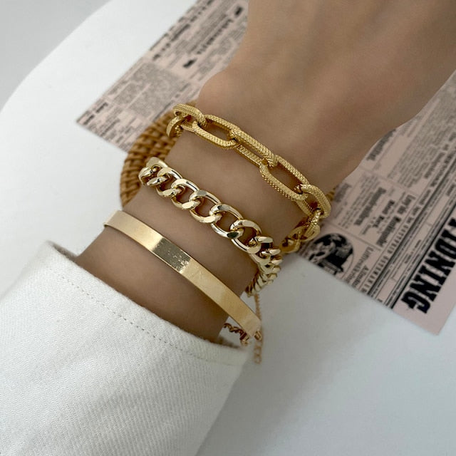 Boho Thick Gold Color Charm Bracelets Bangles