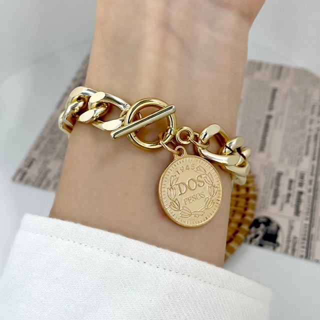 Boho Thick Gold Color Charm Bracelets Bangles