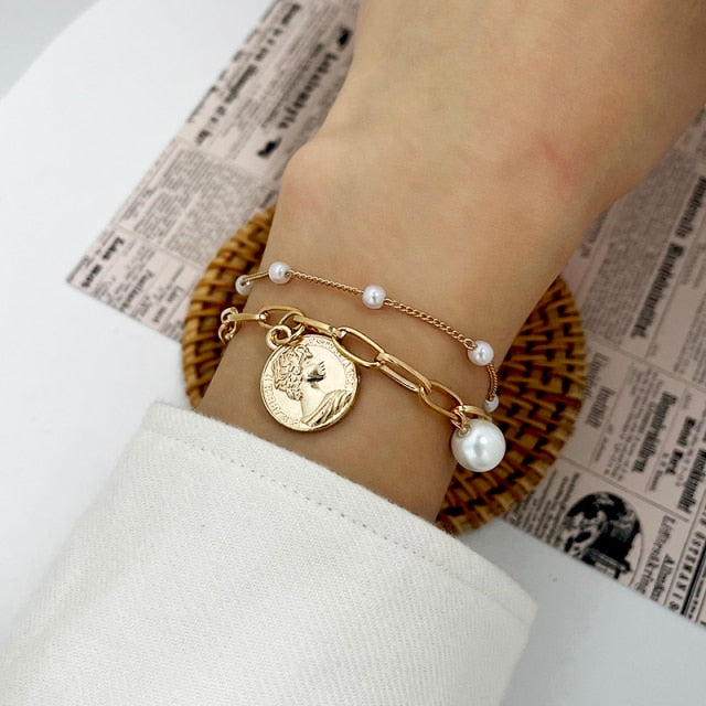 Boho Thick Gold Color Charm Bracelets Bangles