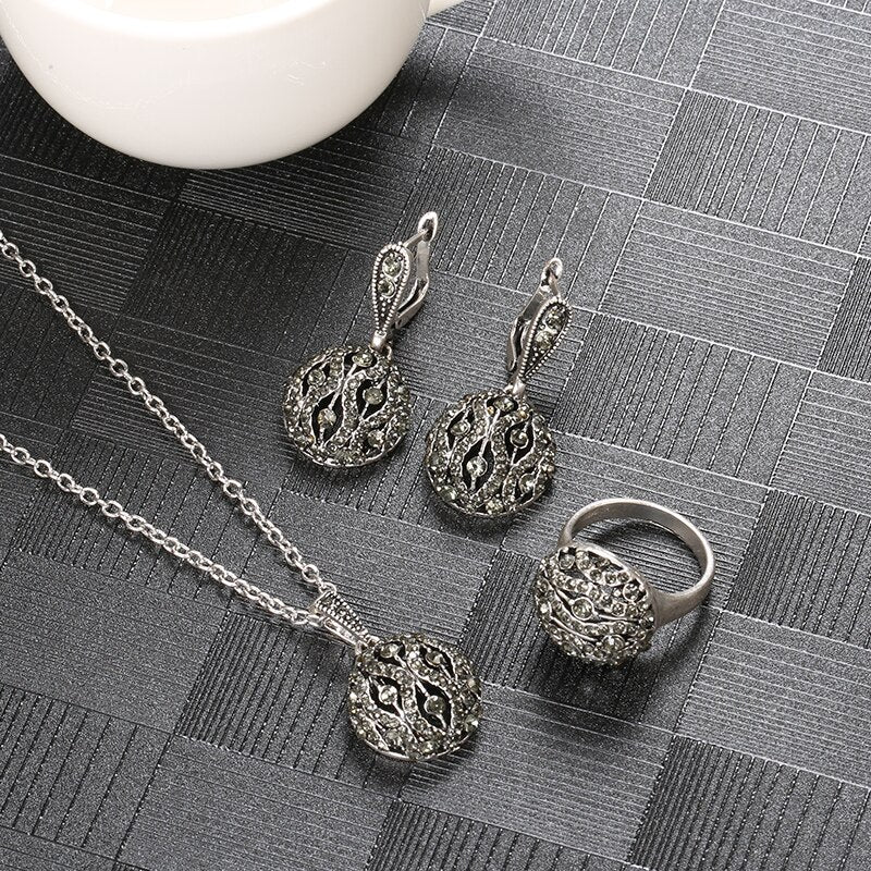 Crystal Flower Drop Earring Pendant Necklace Jewelry Set